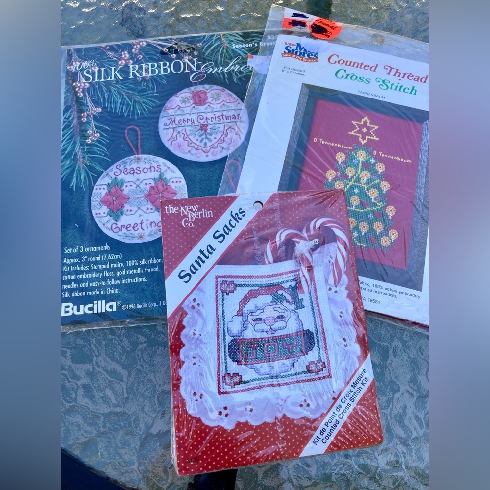 Christmas Cross Stitch Kits Vintage Bucilla Silk Ribbon Santa Sacks Tannenbaum